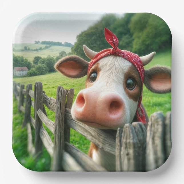 Plato De Papel Heifer Cow vistiendo un loco rojo (Anverso)
