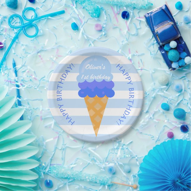 Plato De Papel Helado dulce primer cumpleaños fiesta niño azul (Fiesta)
