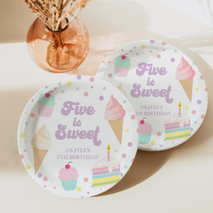 Plato De Papel Helado y pastel Five es dulce cumpleaños 5