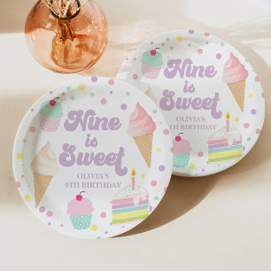 Plato De Papel Helado y pastel Nine es dulce cumpleaños 9