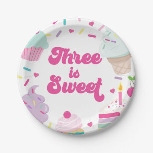 Plato De Papel Helado y Pastel Tres es Dulce Cumpleaños 3