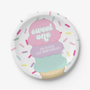 Plato De Papel Helado y Purpurina Cumpleaños 1 Dulce Uno Pap