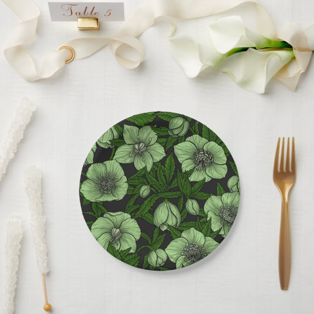 Plato De Papel Hellebores blancos con hojas (Boda)