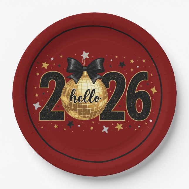 Plato De Papel Hello 2026 Red Glitter Sparkle Design (Anverso)