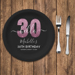 Plato De Papel Hello 30! Modern 30th birthday Pink glitter<br><div class="desc">Hello 30! Invite your friends and family to celebrate the 30th birthday with this modern design. The design features a black background, the numbers thirty in faux pink glitter, with an elegant pink glitter background, elegant calligraphy script, a modern birthday template that's easy to personalize, Don't think about it and...</div>