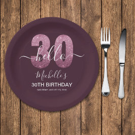 Plato De Papel Hello 30! Modern 30th birthday Pink glitter