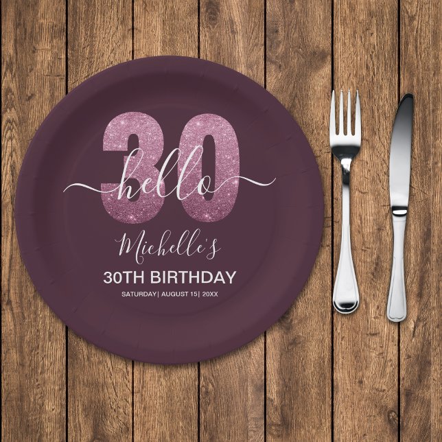 Plato De Papel Hello 30! Modern 30th birthday Pink glitter (Subido por el creador)
