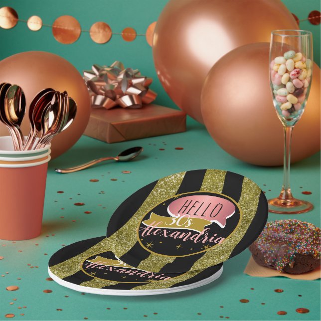 Plato De Papel hello 30 Personalized 30th birthday glitter stripe (Multi)