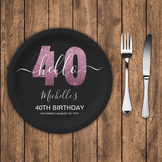 Plato De Papel Hello 40! Modern 40th birthday with Pink glitter (Subido por el creador)