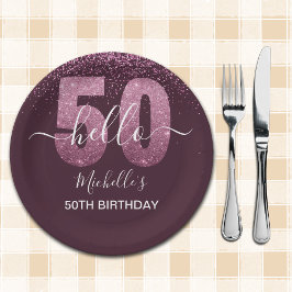 Plato De Papel Hello 50! -50th Women's Birthday with Pink glitter