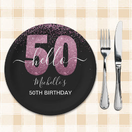 Plato De Papel Hello 50! -50th Women's Birthday with Pink glitter
