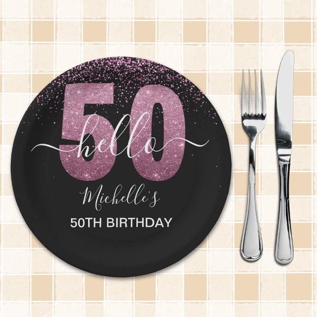 Plato De Papel Hello 50! -50th Women's Birthday with Pink glitter (Subido por el creador)