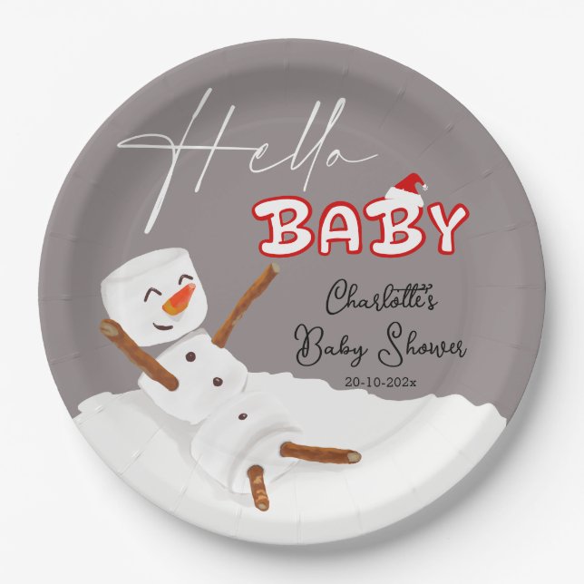 Plato De Papel Hello Baby Cute Snowman Baby Shower (Anverso)