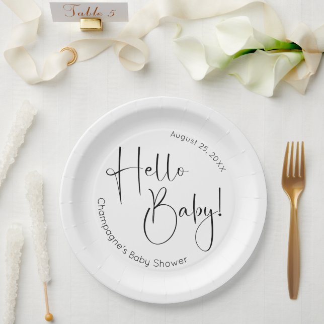 Plato De Papel Hello Baby Modern Script Baby Shower (Boda)