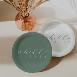 Plato De Papel Hello Baby Sage Script Minimalista Baby Shower