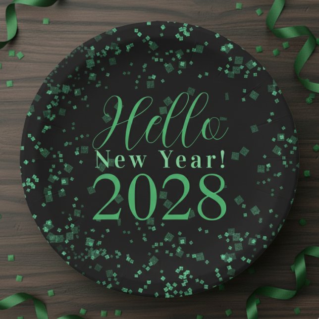 Plato De Papel Hello New Year! New Year's Eve Green Black Sparkle (Subido por el creador)