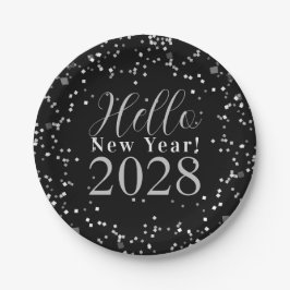 Plato De Papel Hello New Year's Eve Party Black Silver Sparkle