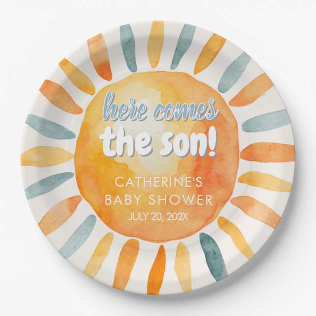 Plato De Papel Here Comes the SON Boho Baby Shower Paper Plates (Anverso)