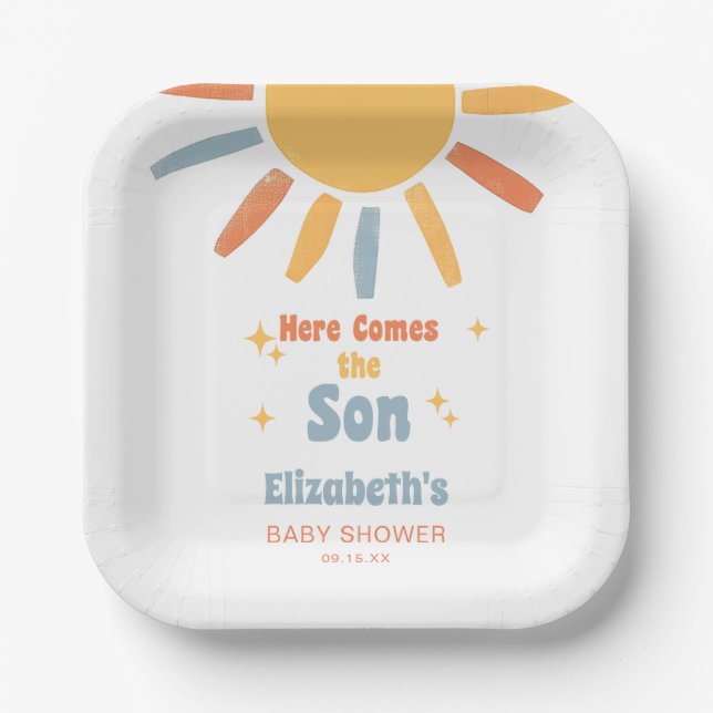 Plato De Papel Here Comes The Son Boy Baby Shower (Anverso)