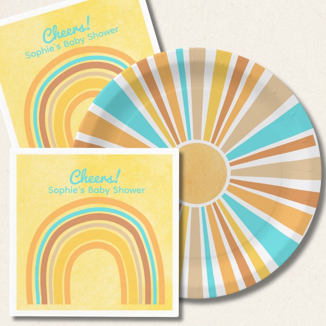 Plato De Papel Here Comes The Son, Retro Boho Rainbow Round (Subido por el creador)