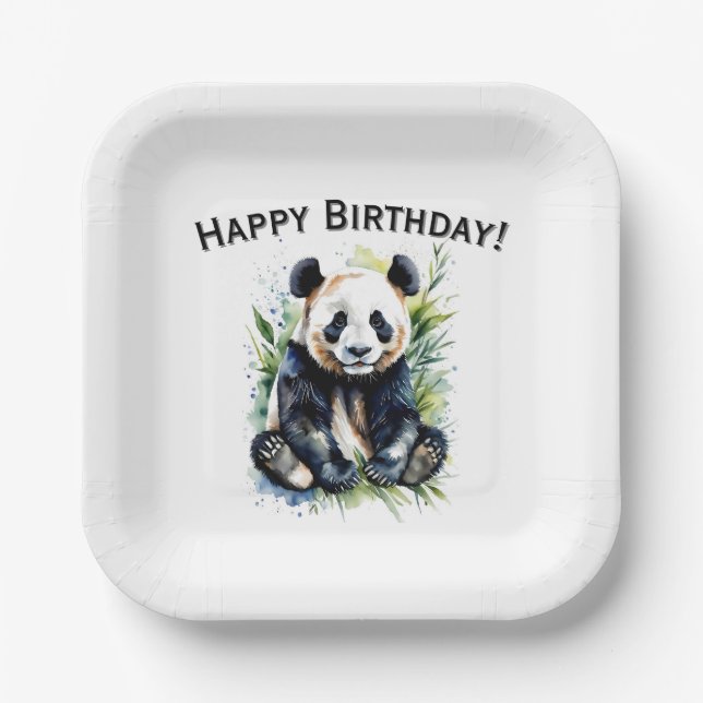 Plato De Papel Hermosa acuarela Panda Bear Feliz Cumpleaños (Anverso)