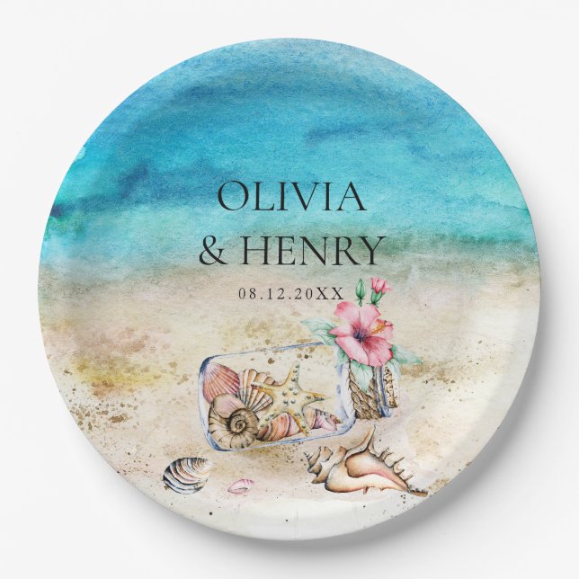 Plato De Papel Hermosa acuarela Starfish Beach Wedding (Anverso)