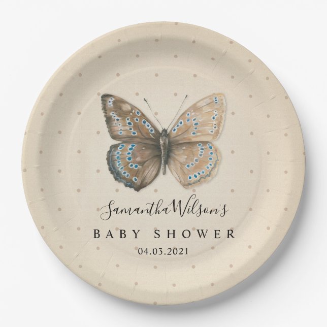 Plato De Papel Hermosa Baby Shower de mariposa acuarela (Anverso)