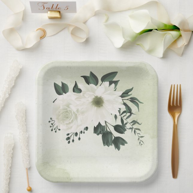 Plato De Papel hermosa boda floral verde blanco (Boda)