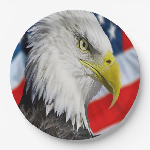 Plato De Papel Hermosa cabeza de águila calva y bandera estadouni