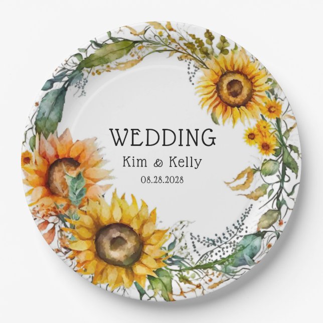 Plato De Papel Hermosa caída de Sunflowers Airy Wreath Boda (Anverso)