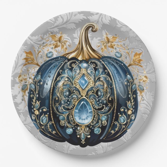 Plato De Papel Hermosa calabaza azul y dorada (Anverso)