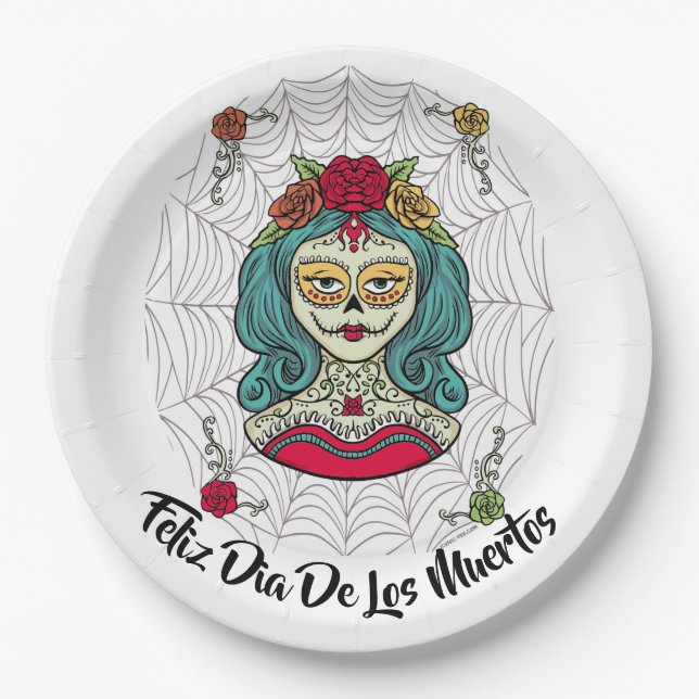 Plato De Papel Hermosa Catrina Feliz Día de Muertos (Anverso)