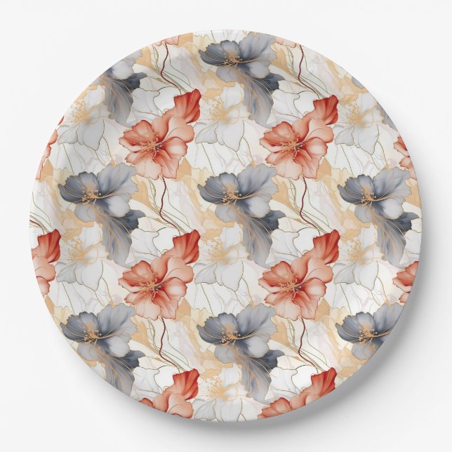Plato De Papel Hermosa Feminine Peach Rojo Azul y Floral Blanca (Anverso)