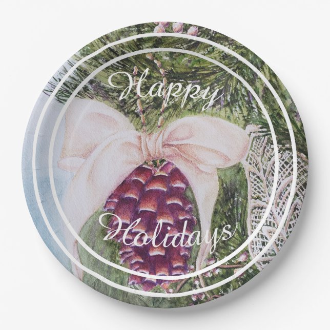 Plato De Papel Hermosa fiesta navideña de pino de árbol (Anverso)