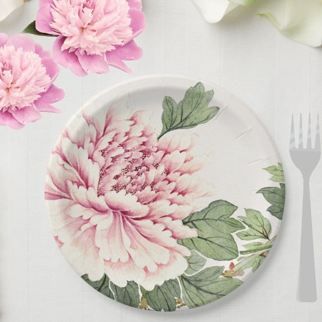 Plato De Papel Hermosa floral romántica peonia rosa Rubor (Pretty pink peony floral paper plates to grace your wedding, shower or special event.)