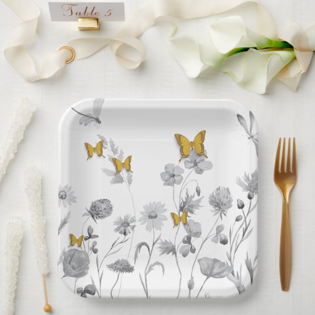 Plato De Papel Hermosa floral y mariposa (Boda)
