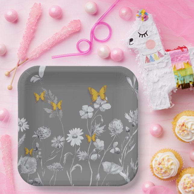 Plato De Papel Hermosa floral y mariposa (Fiesta)