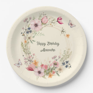 Plato De Papel Hermosa guirnalda floral y mariposas cumpleaños