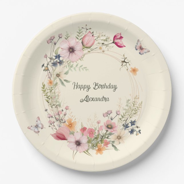 Plato De Papel Hermosa guirnalda floral y mariposas cumpleaños (Anverso)