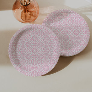 Plato De Papel Hermosa impresión de baldosas vintage rosadas y bl