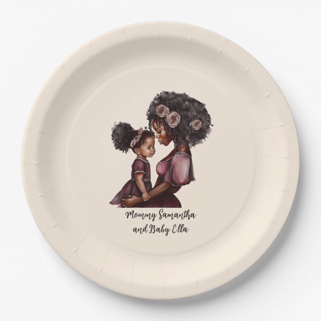Plato De Papel Hermosa mamá y hija negras (28) (Anverso)