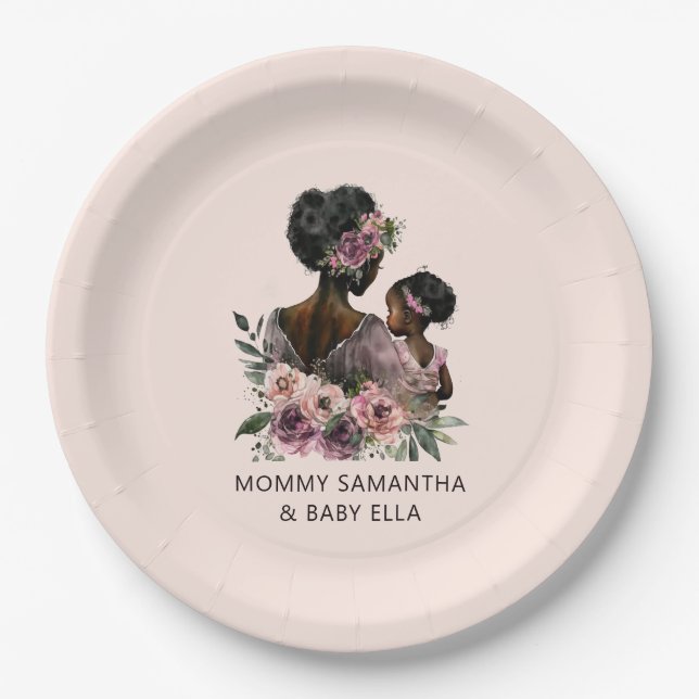 Plato De Papel Hermosa mamá y hija negras (8) (Anverso)
