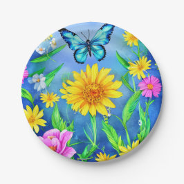 Plato De Papel Hermosa mariposa azul en un prado de flores