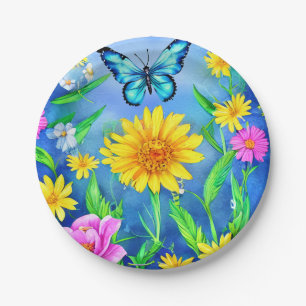 Plato De Papel Hermosa mariposa azul en un prado de flores
