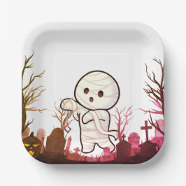 Plato De Papel Hermosa momia de Halloween en espeluznante cemente