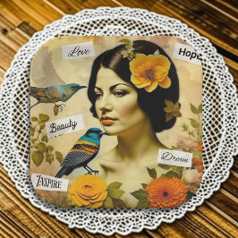 Plato De Papel Hermosa mujer de época con pájaros y flores