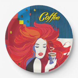 Plato De Papel "Hermosa mujer de moda con Copa de Café" Arte pop