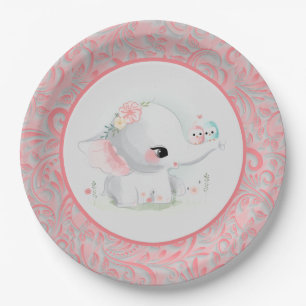 Plato De Papel Hermosa niña blanca elefante