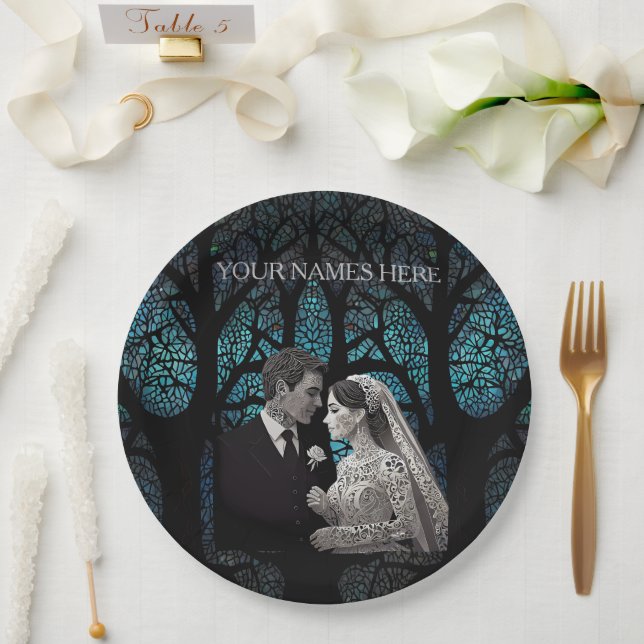 Plato De Papel Hermosa pareja boda en un árbol de la vida azul (Boda)