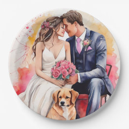 Plato De Papel Hermosa Pareja de Boda Acuarela